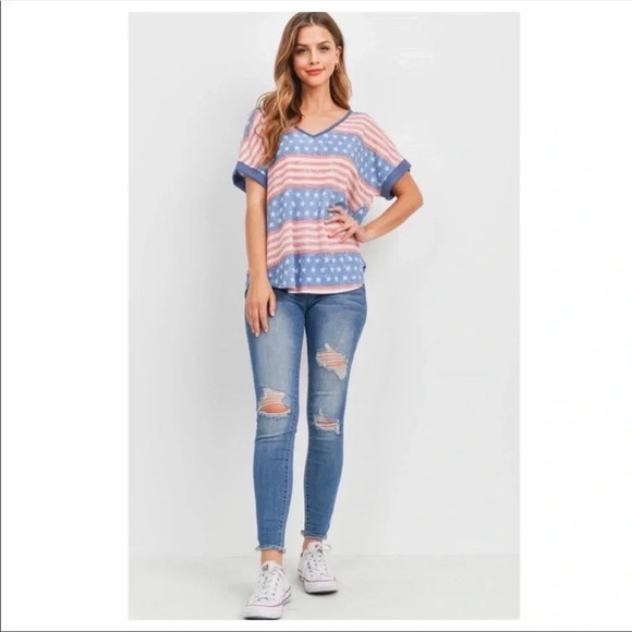 USA Flag Graphic Tee | Red White Blue V-Neck Patriotic 4th of July Top - Picture 8 of 8